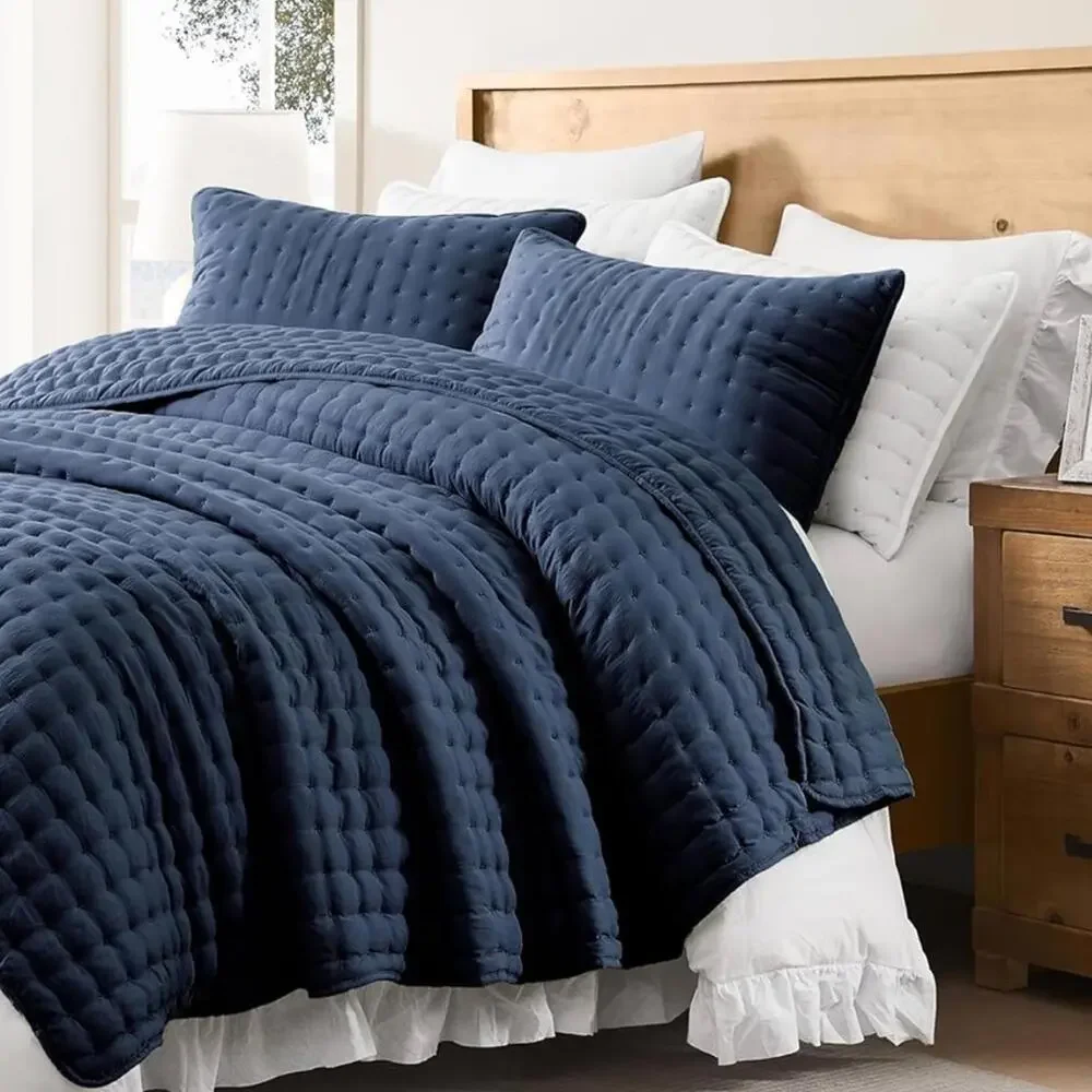🆕 PB Style Queen Quilt Set Tufted Classic Navy Blue 3 piece Set